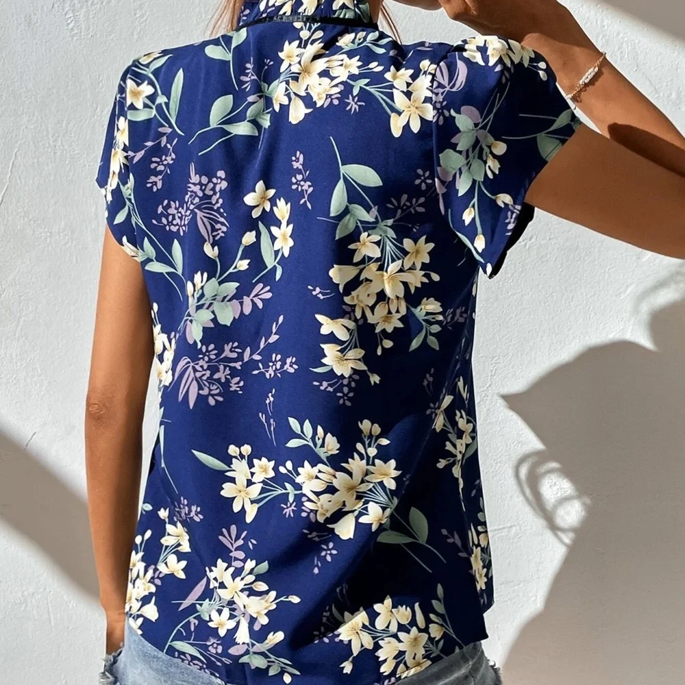 039 Boho Floral Print Mock Neck tie Blouse - Picture 7 of 7